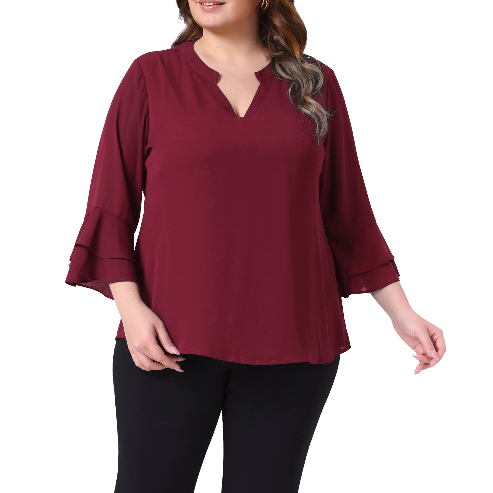 DARING DIVA Women's Plus 3/4 Bell Sleeve Notch Chiffon Tunic Shirts 2X Burgundy