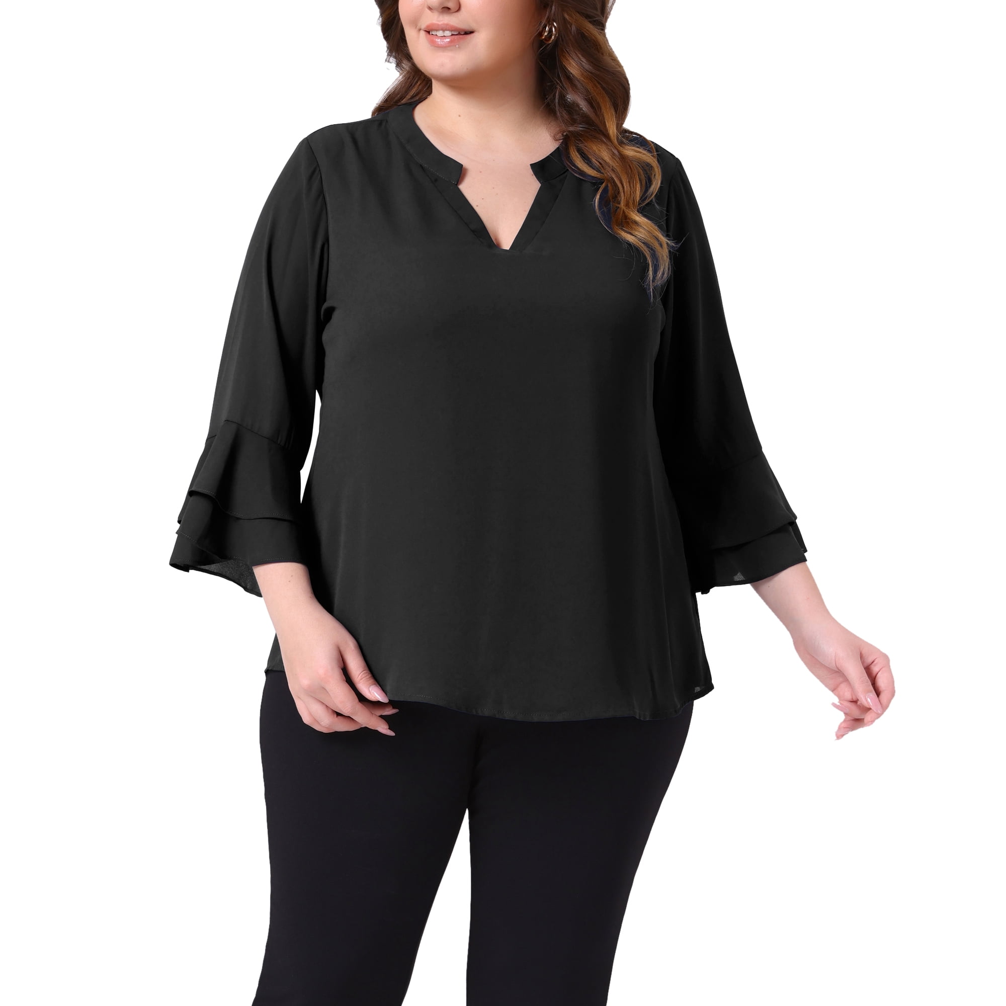 DARING DIVA Women's Plus 3/4 Bell Sleeve Notch Chiffon Tunic Shirts 3X Black
