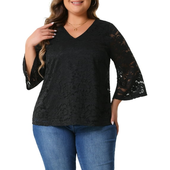 DARING DIVA Women's Plus 3/4 Bell Sleeve V Neck Floral Lace Blouse 2X Black