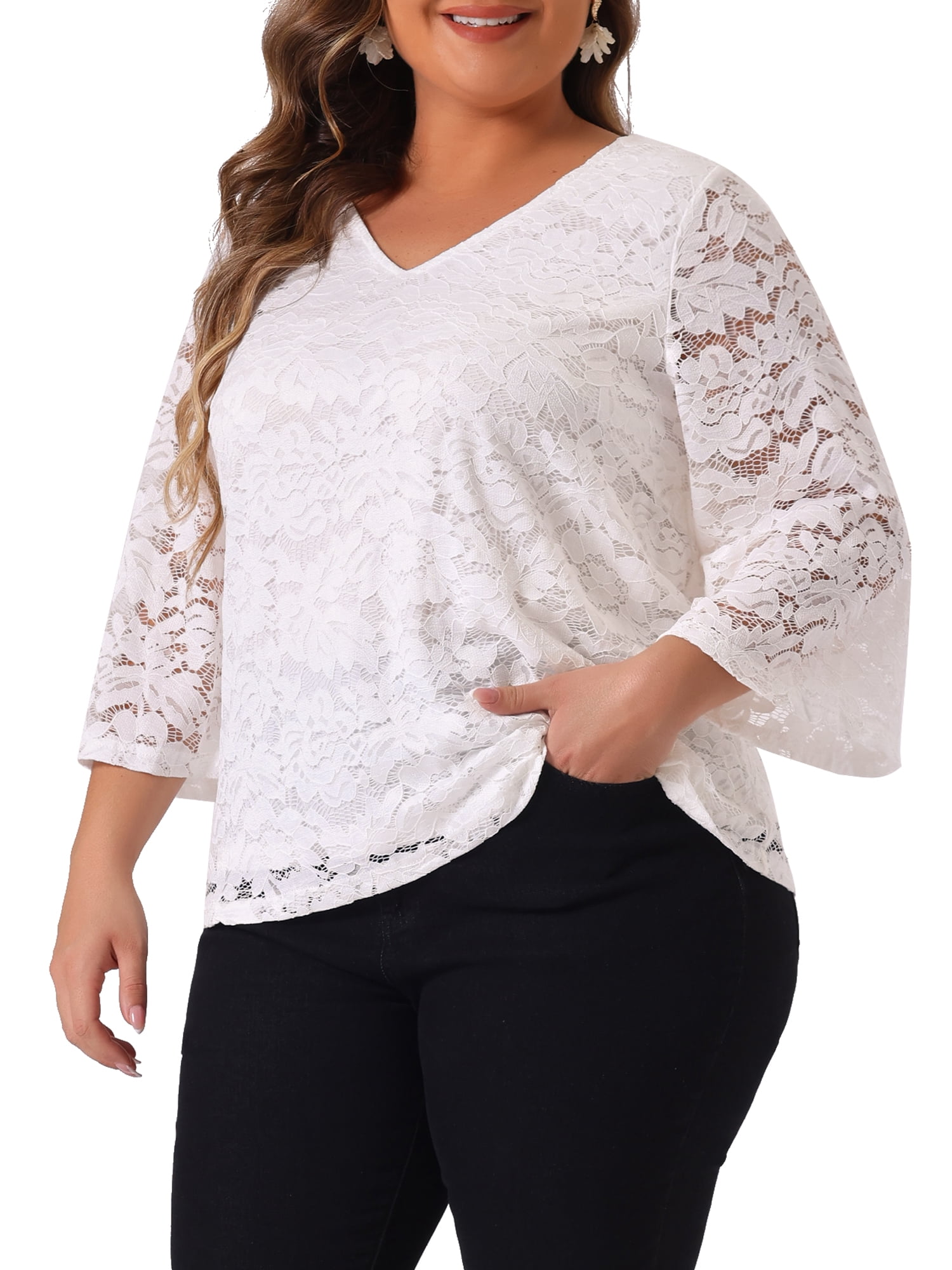 DARING DIVA Women's Plus 3/4 Bell Sleeve V Neck Floral Lace Blouse 2X White