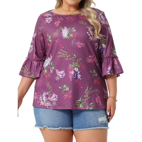 DARING DIVA Women's Plus 3/4 Ruffle Sleeve Boat Neck Floral Top 1X Purple