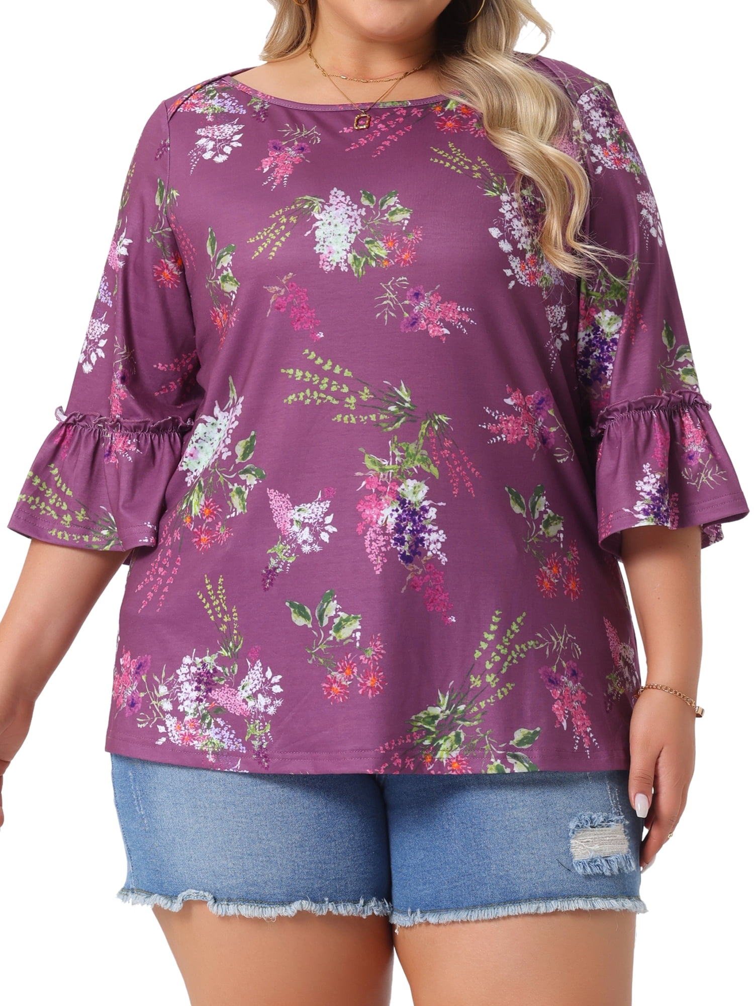 DARING DIVA Women's Plus 3/4 Ruffle Sleeve Boat Neck Floral Top 2X Purple