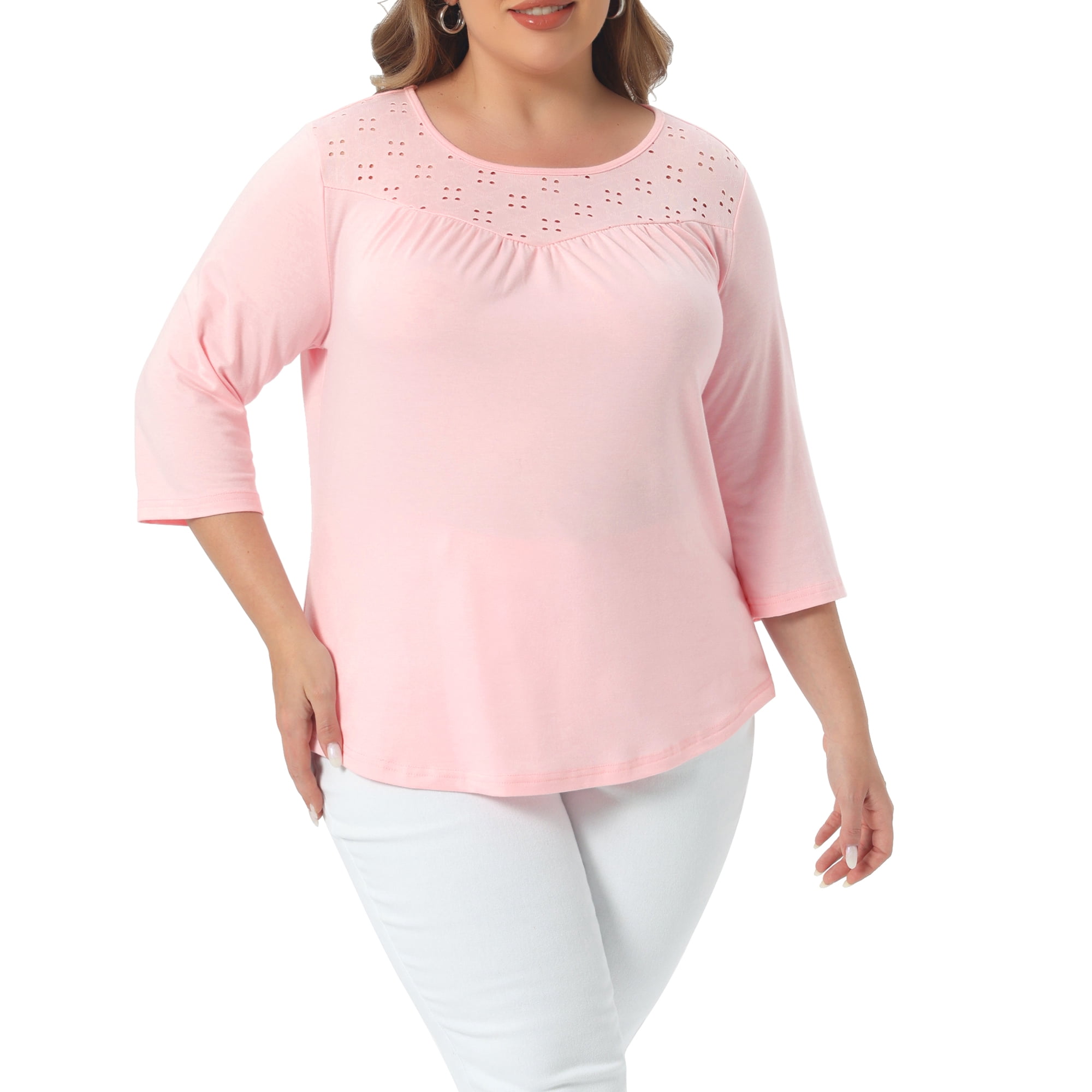 DARING DIVA Women's Plus 3/4 Sleeve Crochet Lace Detail Blouse Tunic Shirt 1X Pink