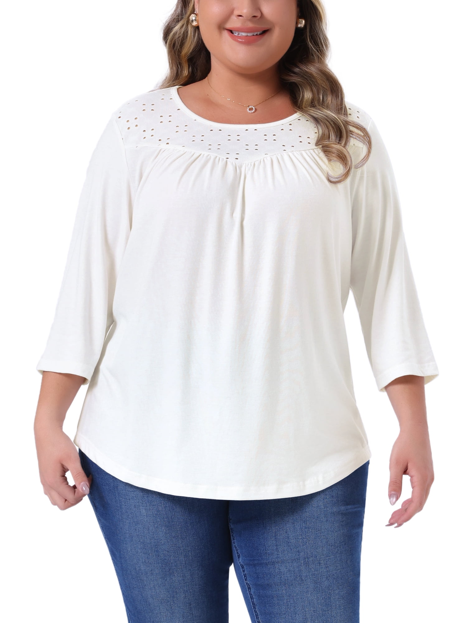 DARING DIVA Women's Plus 3/4 Sleeve Crochet Lace Detail Blouse Tunic Shirt 2X White