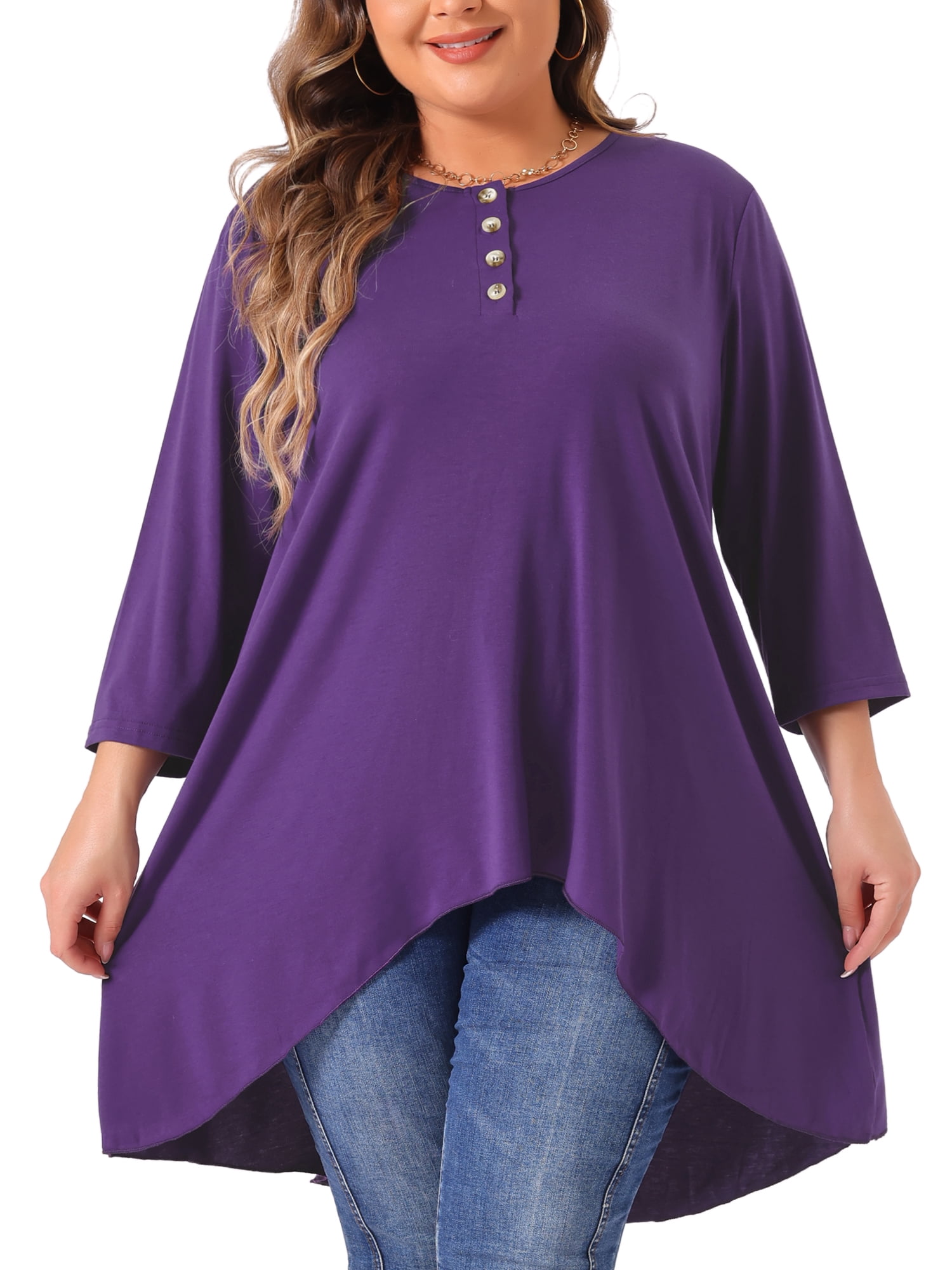DARING DIVA Women's Plus 3/4 Sleeve High Low Loose Fit Tunic Tops 1X Purple