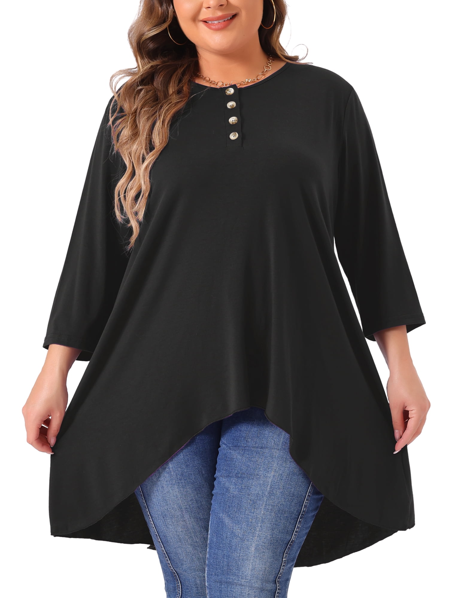 DARING DIVA Women's Plus 3/4 Sleeve High Low Loose Fit Tunic Tops 4X Black
