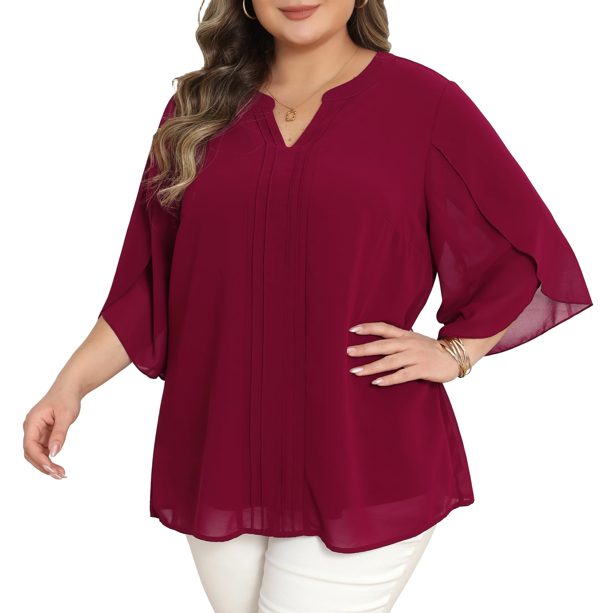 DARING DIVA Women's Plus Chiffon Pleated Front 3/4 Sleeve Top 3X Burgundy
