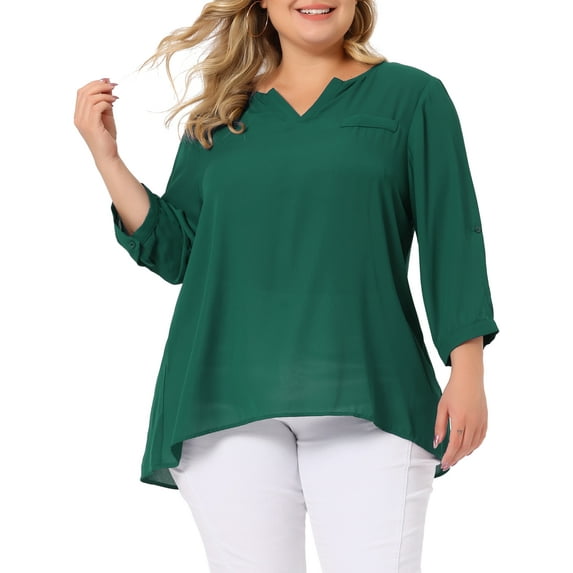 DARING DIVA Women's Plus 3/4 Sleeve Sheer Flowy Split V Neck Blouse 1X Green
