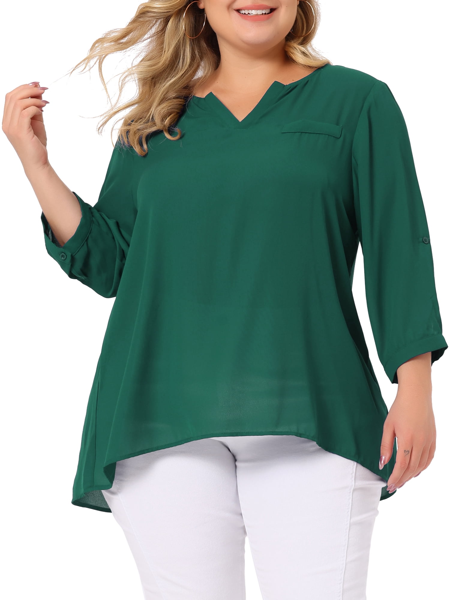 DARING DIVA Women's Plus 3/4 Sleeve Sheer Flowy Split V Neck Blouse 3X Green