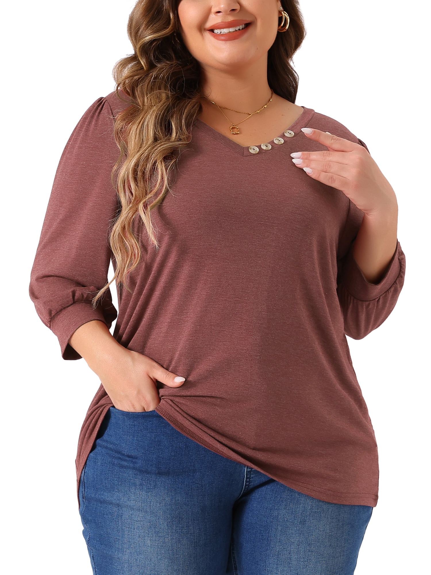 Women's Plus Top 3/4 Sleeve V Neck Button Decor Casual Solid Tees Shirts 1X Burgundy