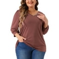 thumbnail image 1 of DARING DIVA Women's Plus 3/4 Sleeve V Neck Button Decor Casual Blouse 1X Burgundy, 1 of 6