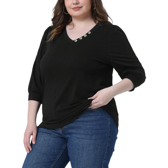 DARING DIVA Women's Plus 3/4 Sleeve V Neck Button Decor Casual Blouse 3X Black