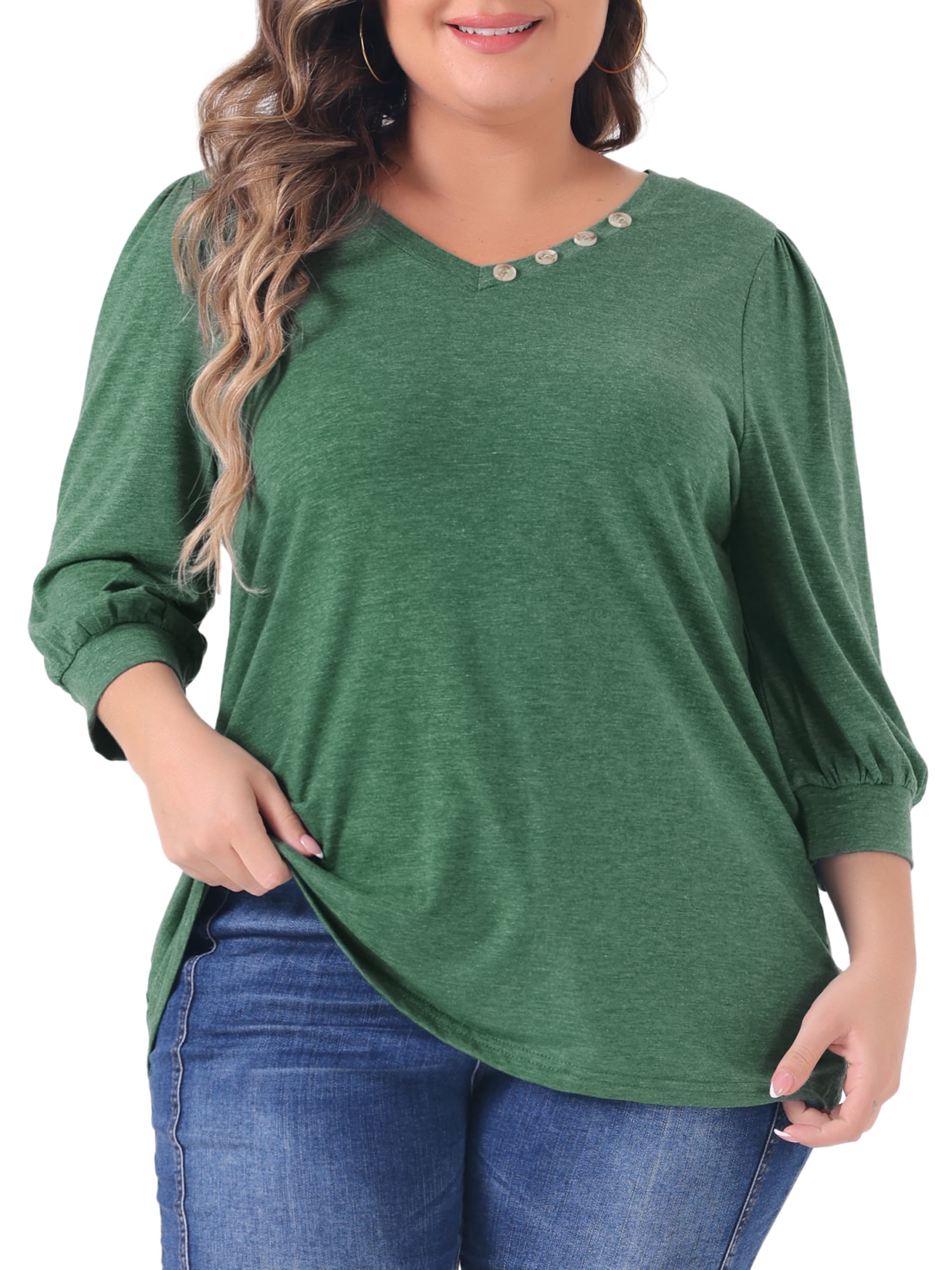 Women's Plus Top 3/4 Sleeve V Neck Button Decor Casual Solid Tees Shirts 3X Green