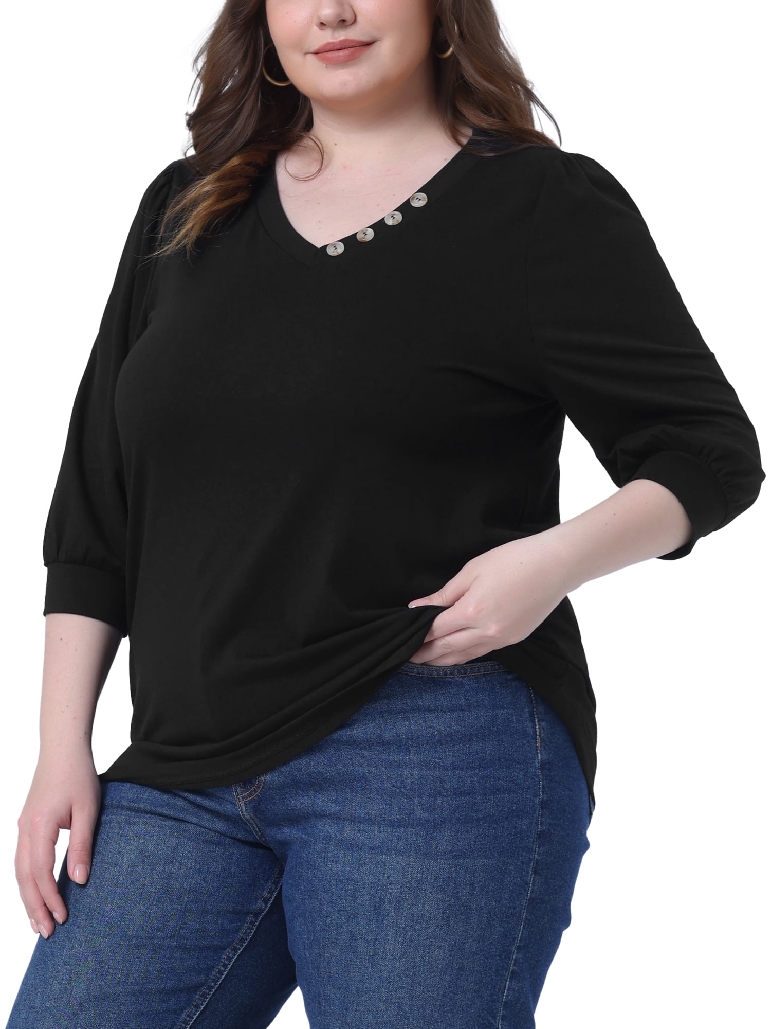 Women's Plus Top 3/4 Sleeve V Neck Button Decor Casual Solid Tees Shirts 4X Black