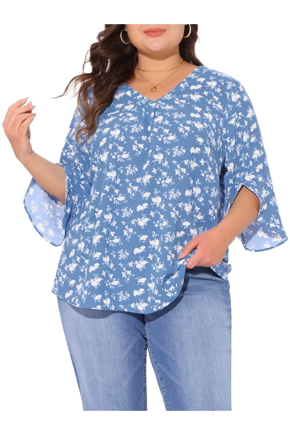 Women's Plus 3/4 Sleeve V Neck Chiffon Work Blouse 1X Blue