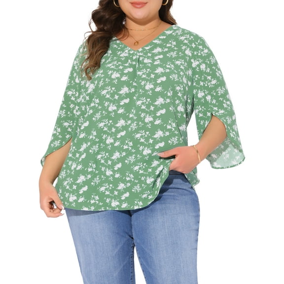 DARING DIVA Women's Plus 3/4 Sleeve V Neck Chiffon Work Blouse 1X Green