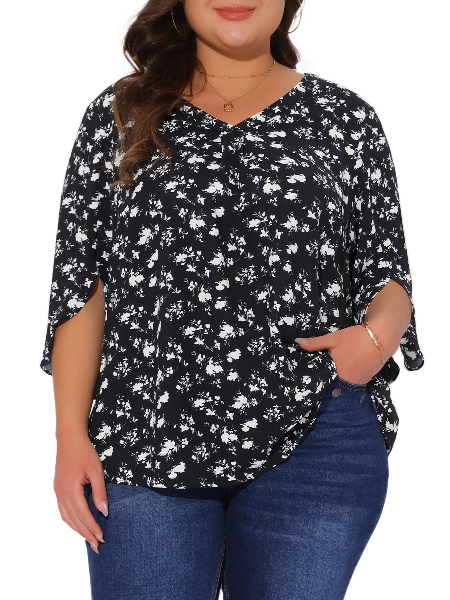 Women's Plus Spring Tops 3/4 Sleeve V Neck Chiffon Work Dressy Casual Shirt 2X Black