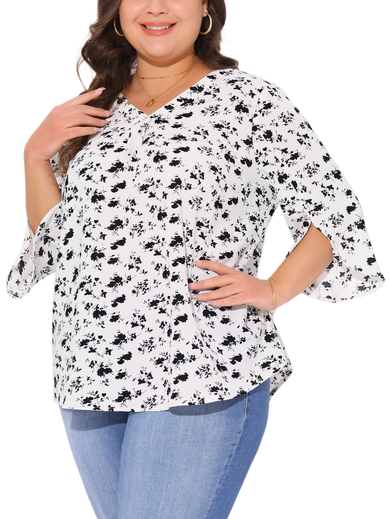 Women's Plus Spring Tops 3/4 Sleeve V Neck Chiffon Work Dressy Casual Shirt 2X White