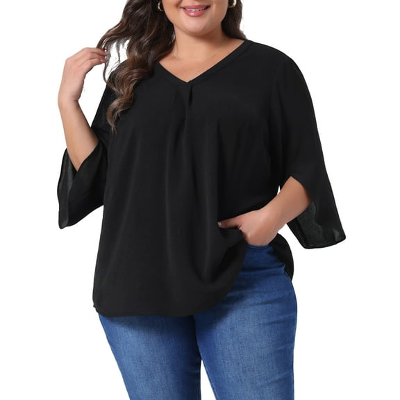 DARING DIVA Women's Plus 3/4 Sleeve V Neck Chiffon Work Blouse 3X All Black