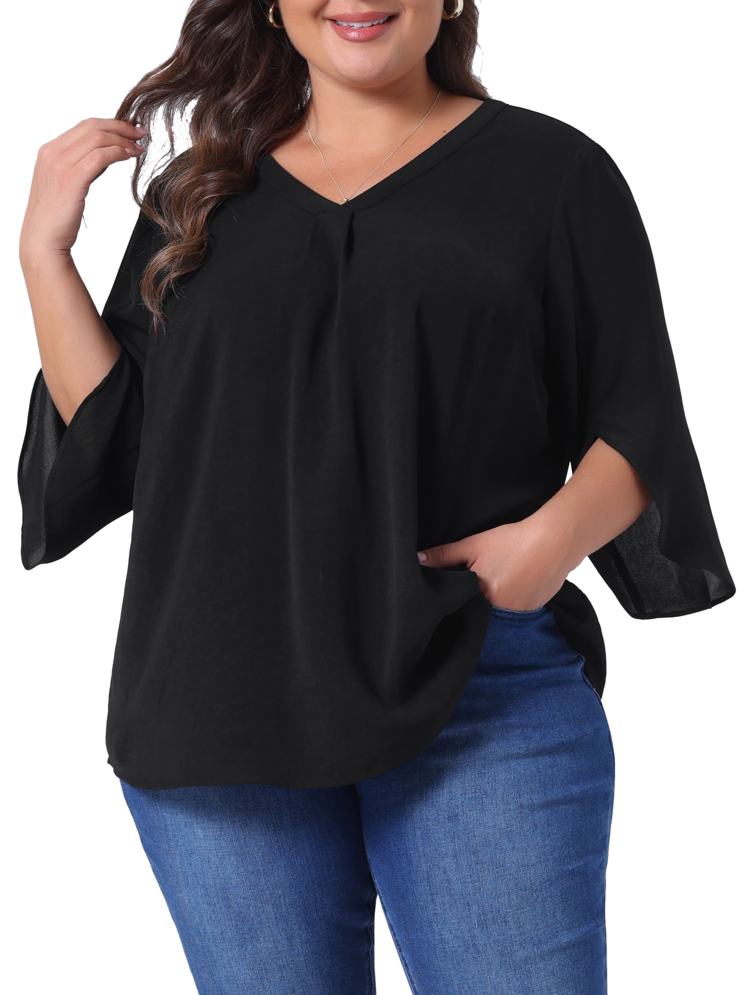 Women's Plus Spring Tops 3/4 Sleeve V Neck Chiffon Work Dressy Casual Shirt 4X All Black