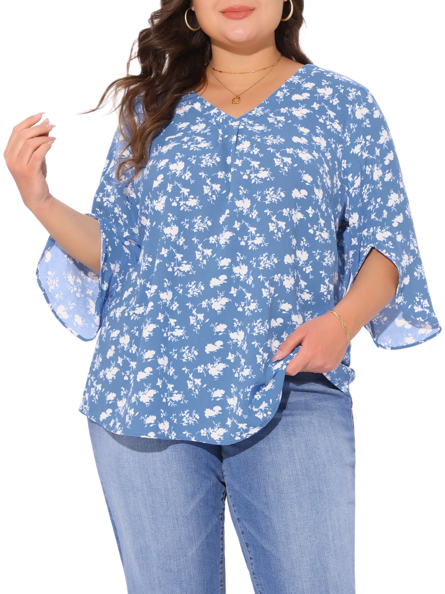 Women's Plus Spring Tops 3/4 Sleeve V Neck Chiffon Work Dressy Casual Shirt 4X Blue