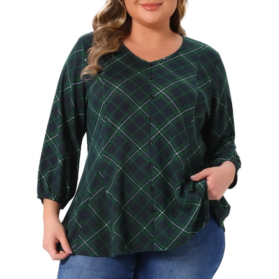 DARING DIVA Women's Plus 3/4 Sleeve V Neck Tunic with Decorative Buttons 1X Green
