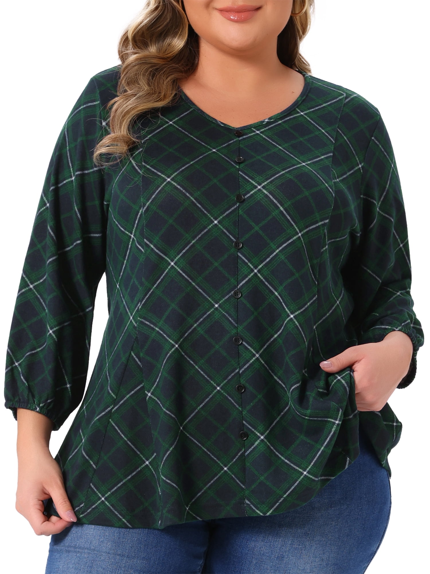 DARING DIVA Women's Plus 3/4 Sleeve V Neck Tunic with Decorative Buttons 2X Green