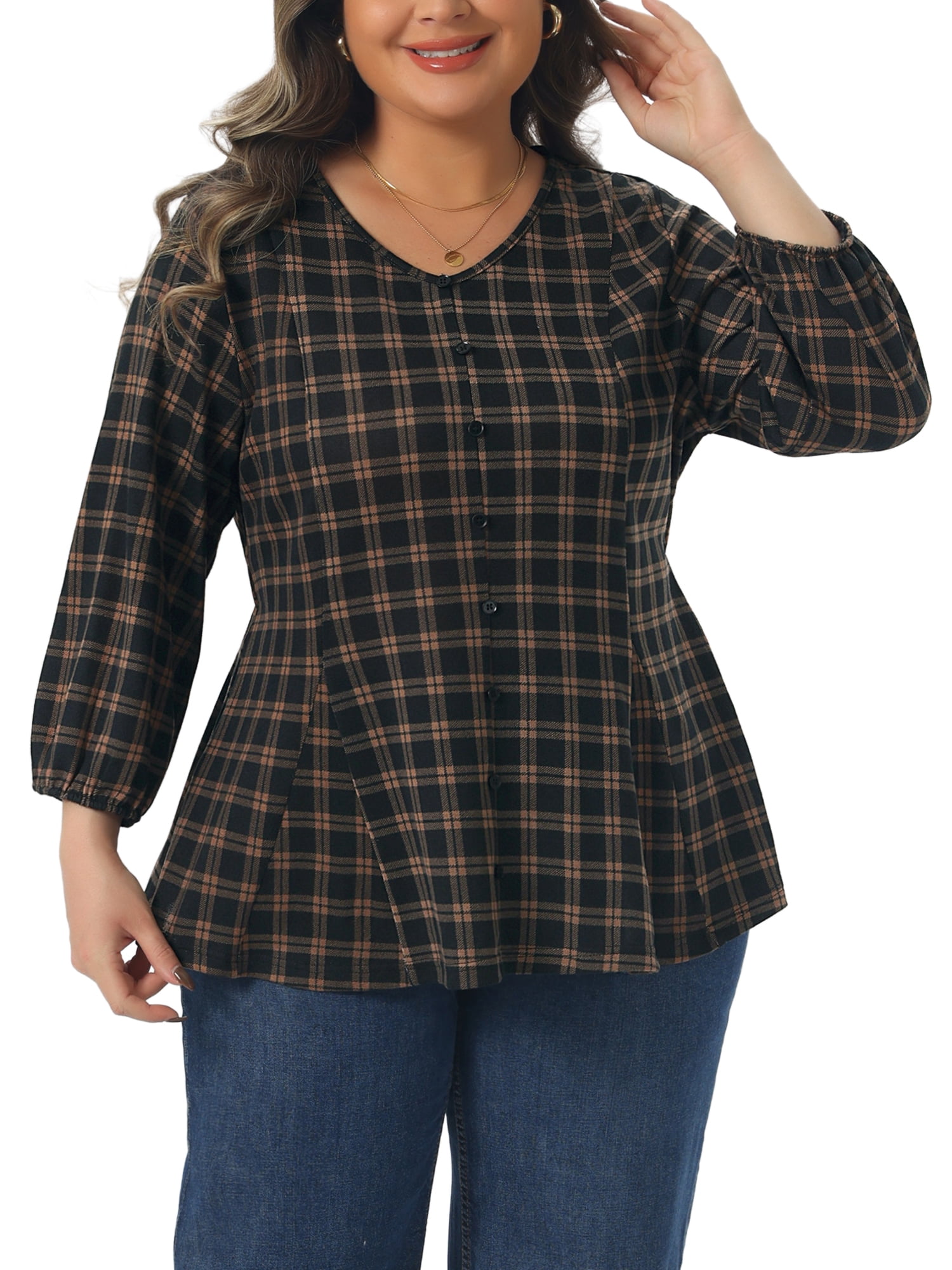 DARING DIVA Women's Plus 3/4 Sleeve V Neck Tunic with Decorative Buttons 1X Dark Brown
