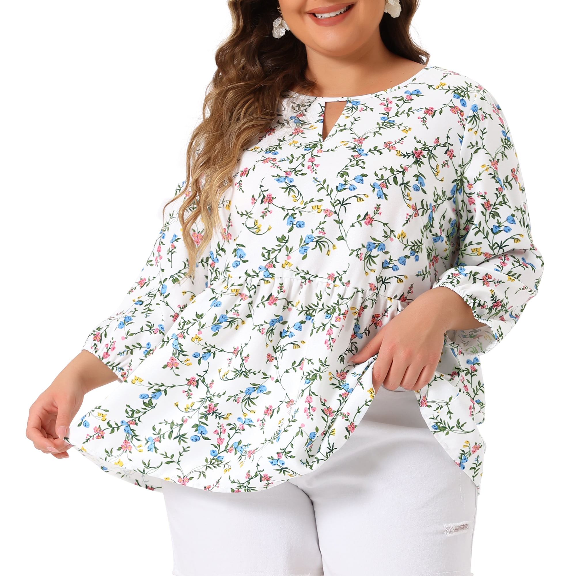 Unique Bargains Women's Plus Size 3/4 Sleeves Chiffon Keyhole Floral Tops 2X White