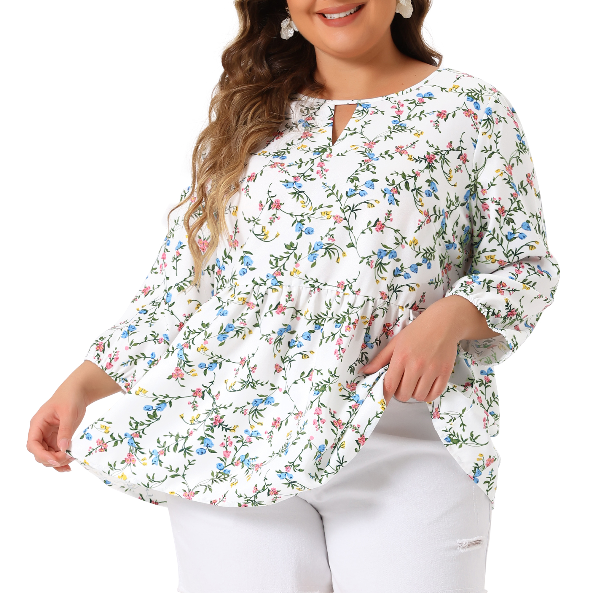 Unique Bargains Women's Plus Size 3/4 Sleeves Chiffon Keyhole Floral Tops 3X White