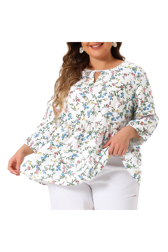 Women's Plus 3/4 Sleeves Babydoll Chiffon Keyhole Floral Flowy Top 4X White