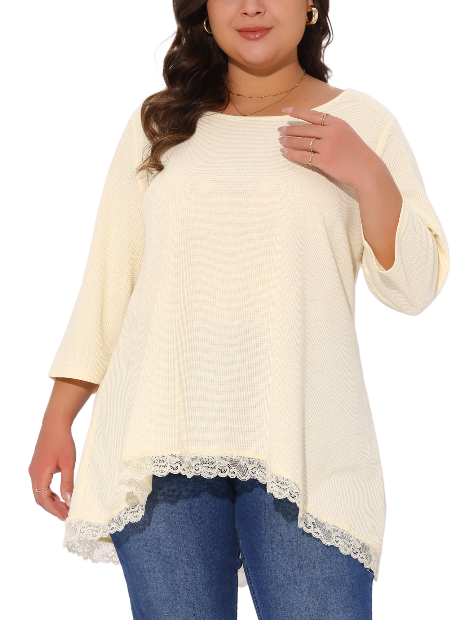 DARING DIVA Women's Plus 3/4 Sleeves Round Neck Lace Panel Top 1X Beige