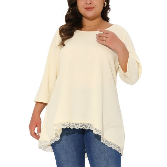 DARING DIVA Women's Plus 3/4 Sleeves Round Neck Lace Panel Top 2X Beige