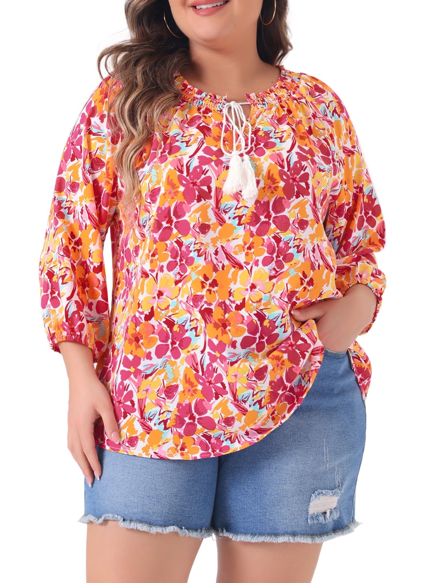 DARING DIVA Women's Plus 3/4 Sleeves Self Tie Neck Floral Blouse 1X Orange