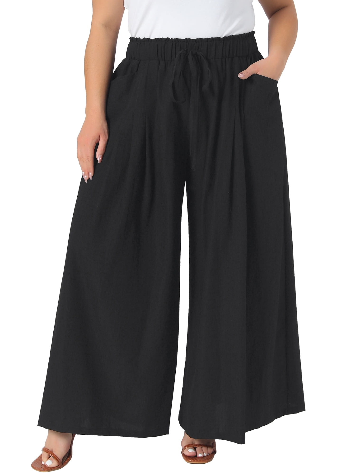 DARING DIVA Women's Plus Adjustable High Waisted Trousers with Pockets 2X Black