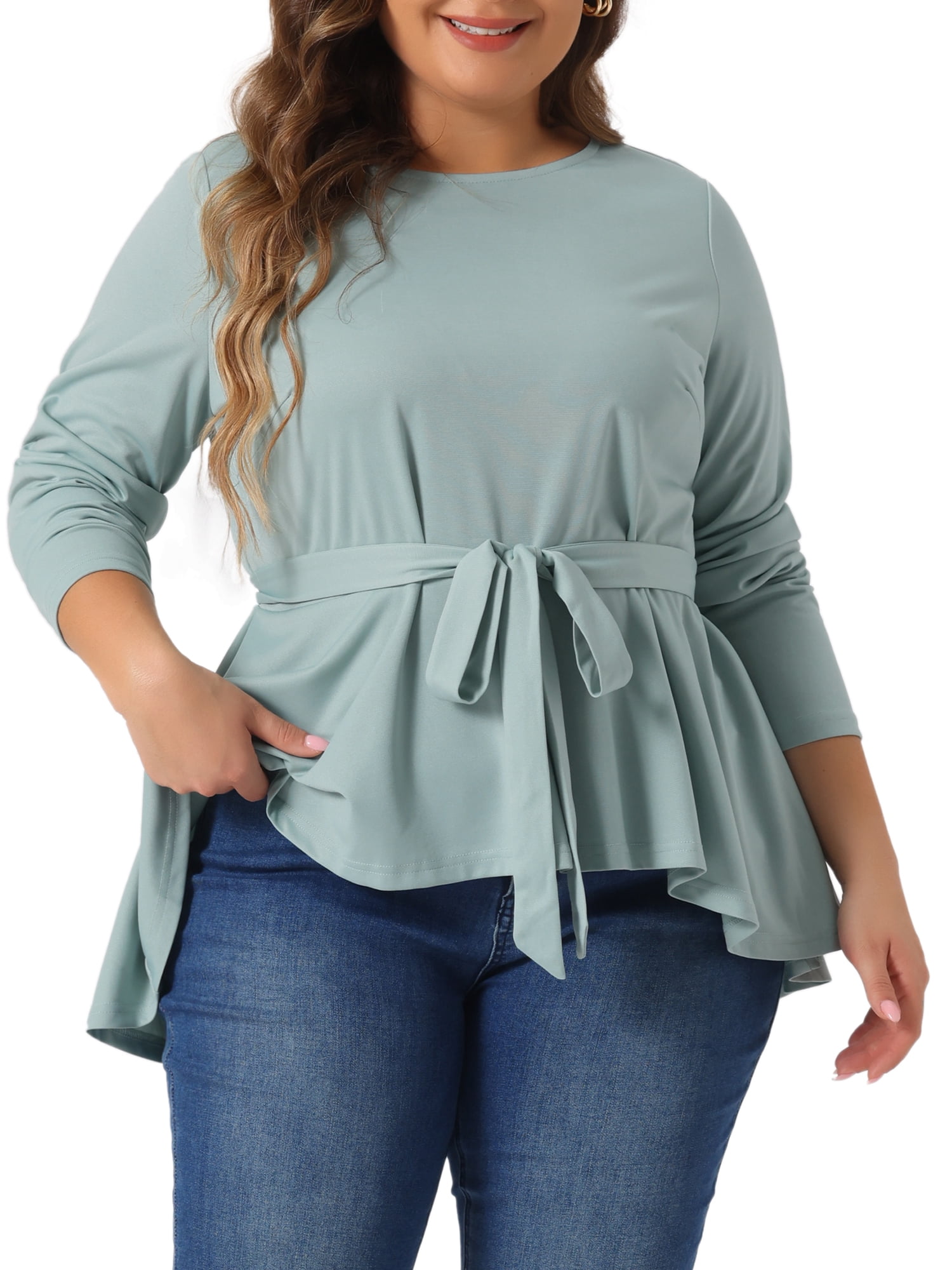 DARING DIVA Women's Plus Asymmetrical Hem Crew Neck Blouse 2X Gray Green