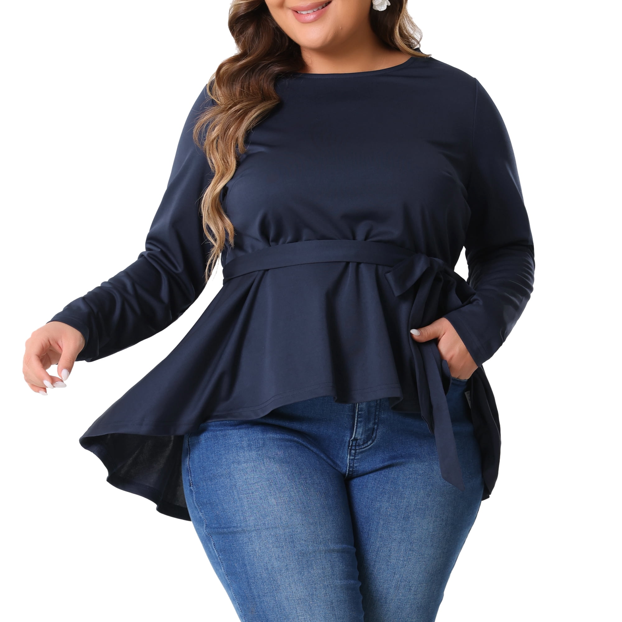DARING DIVA Women's Plus Asymmetrical Hem Crew Neck Blouse 3X Navy Blue
