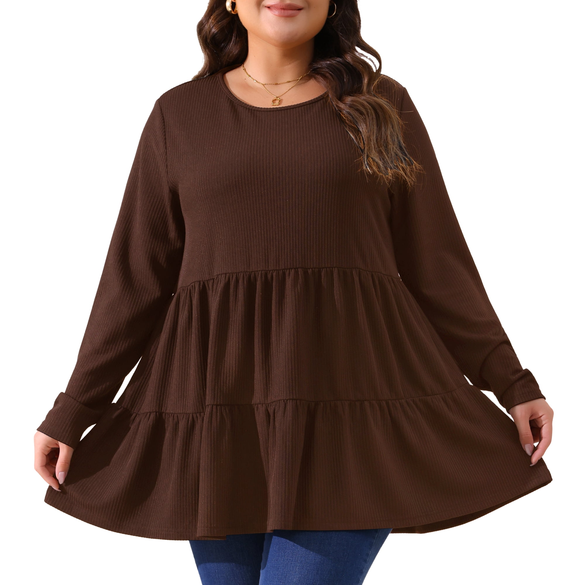 DARING DIVA Women's Plus Babydoll Crew Neck Casual Loose Peplum Tops 2X Brown