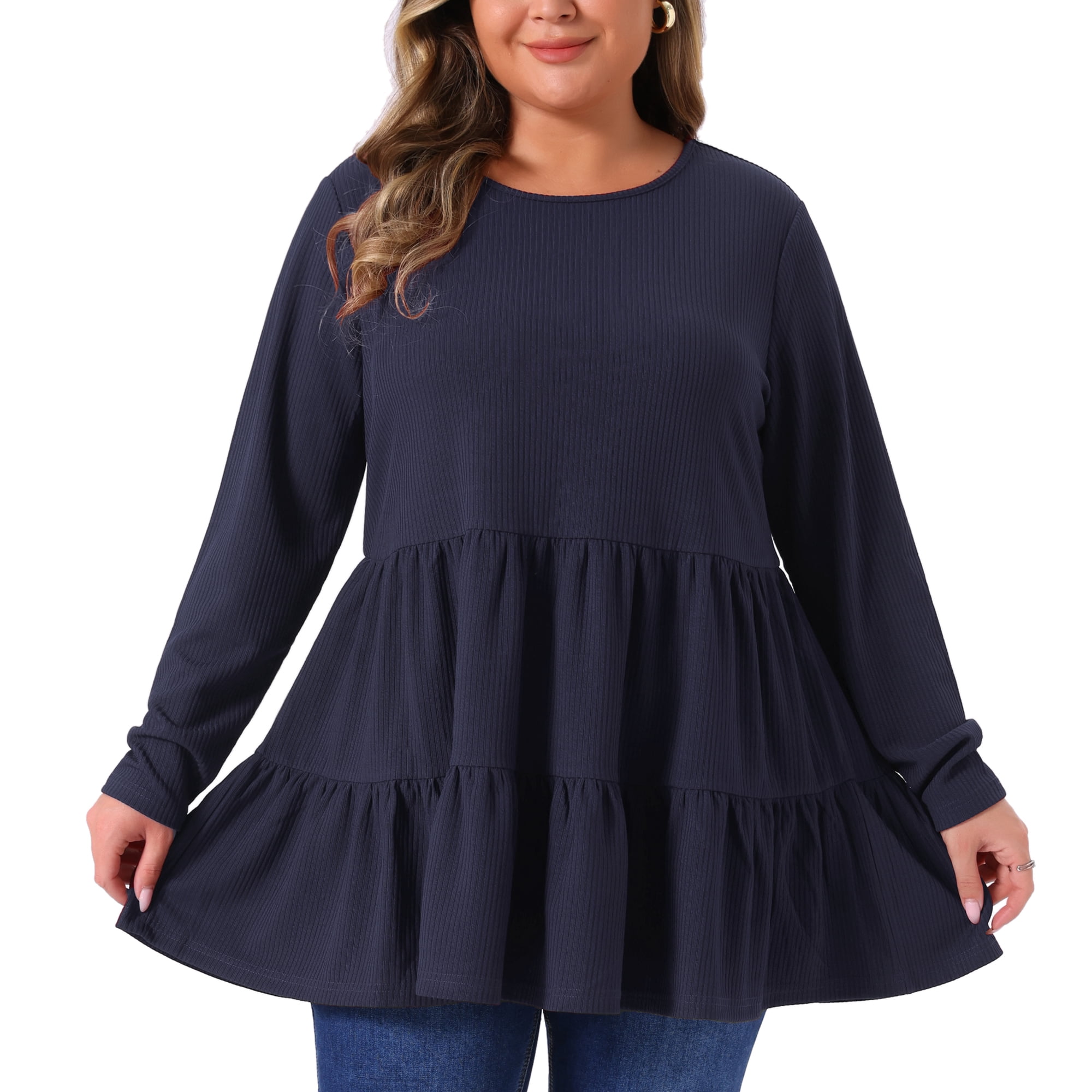 DARING DIVA Women's Plus Babydoll Crew Neck Casual Loose Peplum Tops 3X Navy Blue