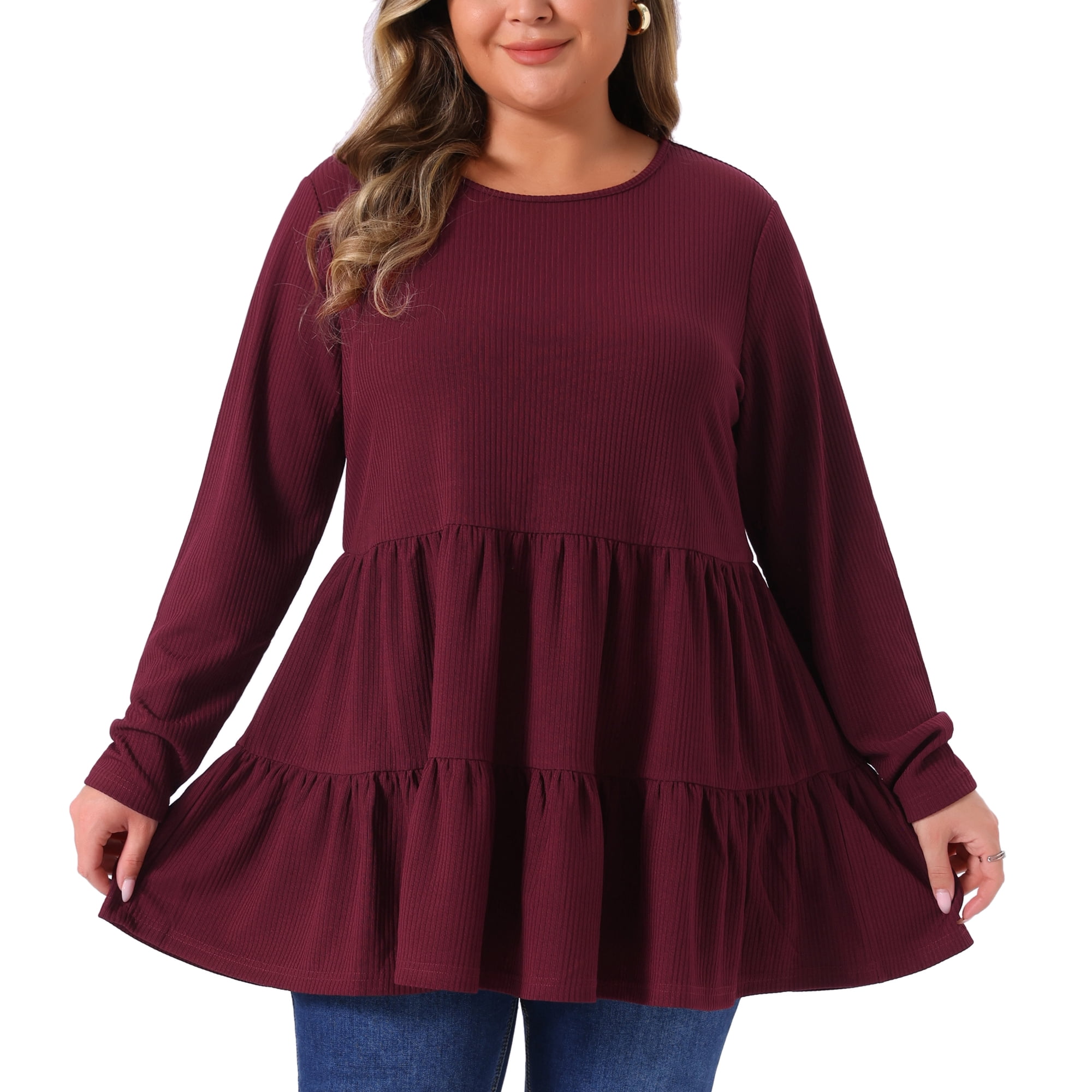 DARING DIVA Women's Plus Babydoll Crew Neck Casual Loose Peplum Tops 4X Burgundy
