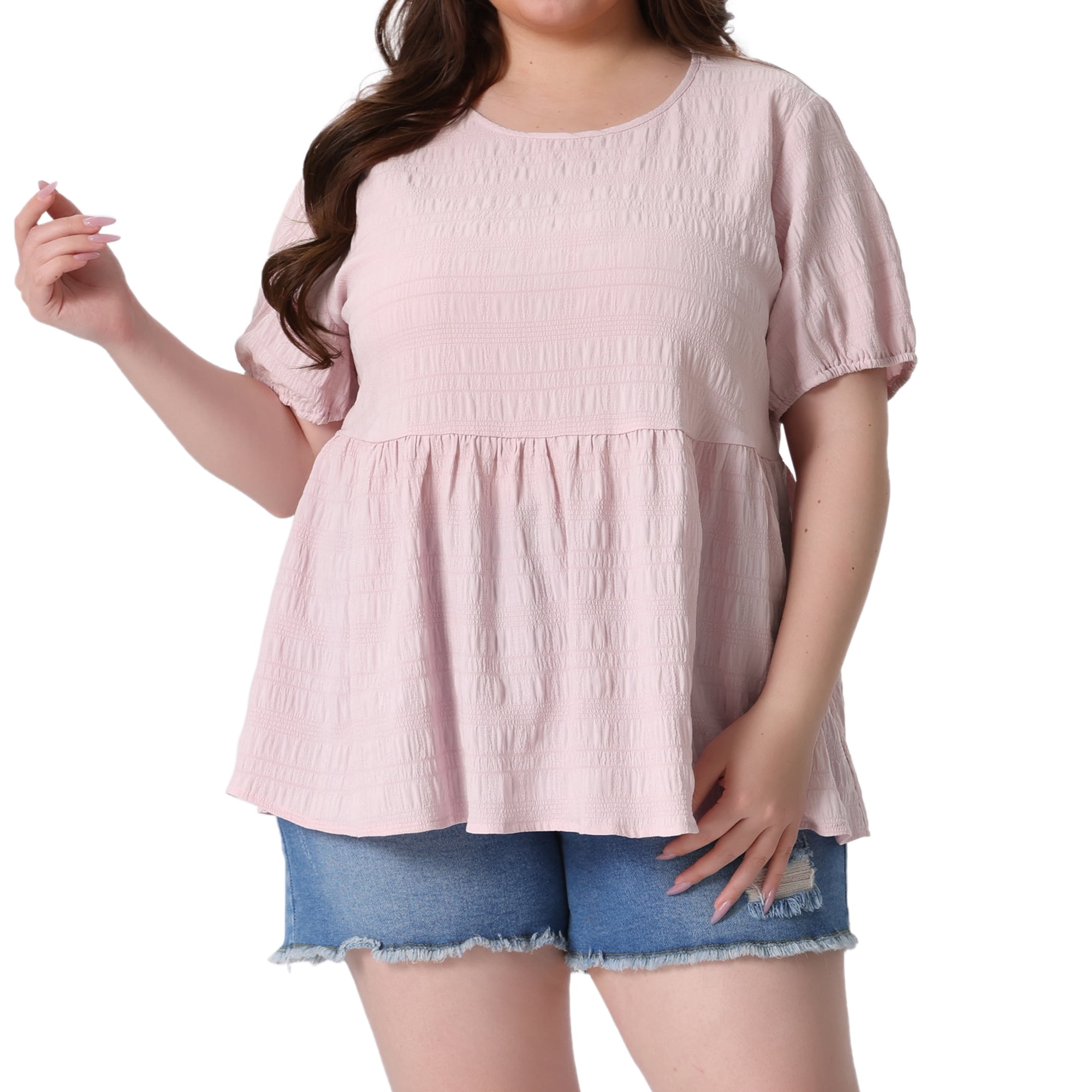 Women's Plus Babydoll Tops Crewneck Short Sleeve Loose Fit Flowy Blouse 3X Light Pink