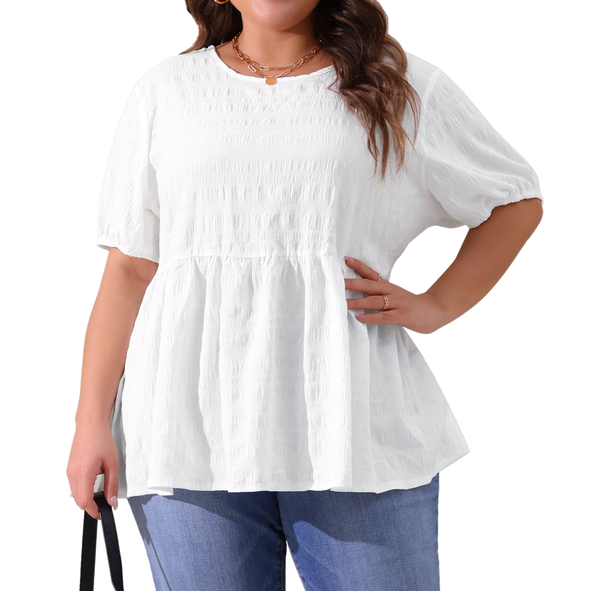 Women's Plus Babydoll Tops Crewneck Short Sleeve Loose Fit Flowy Blouse 1X White