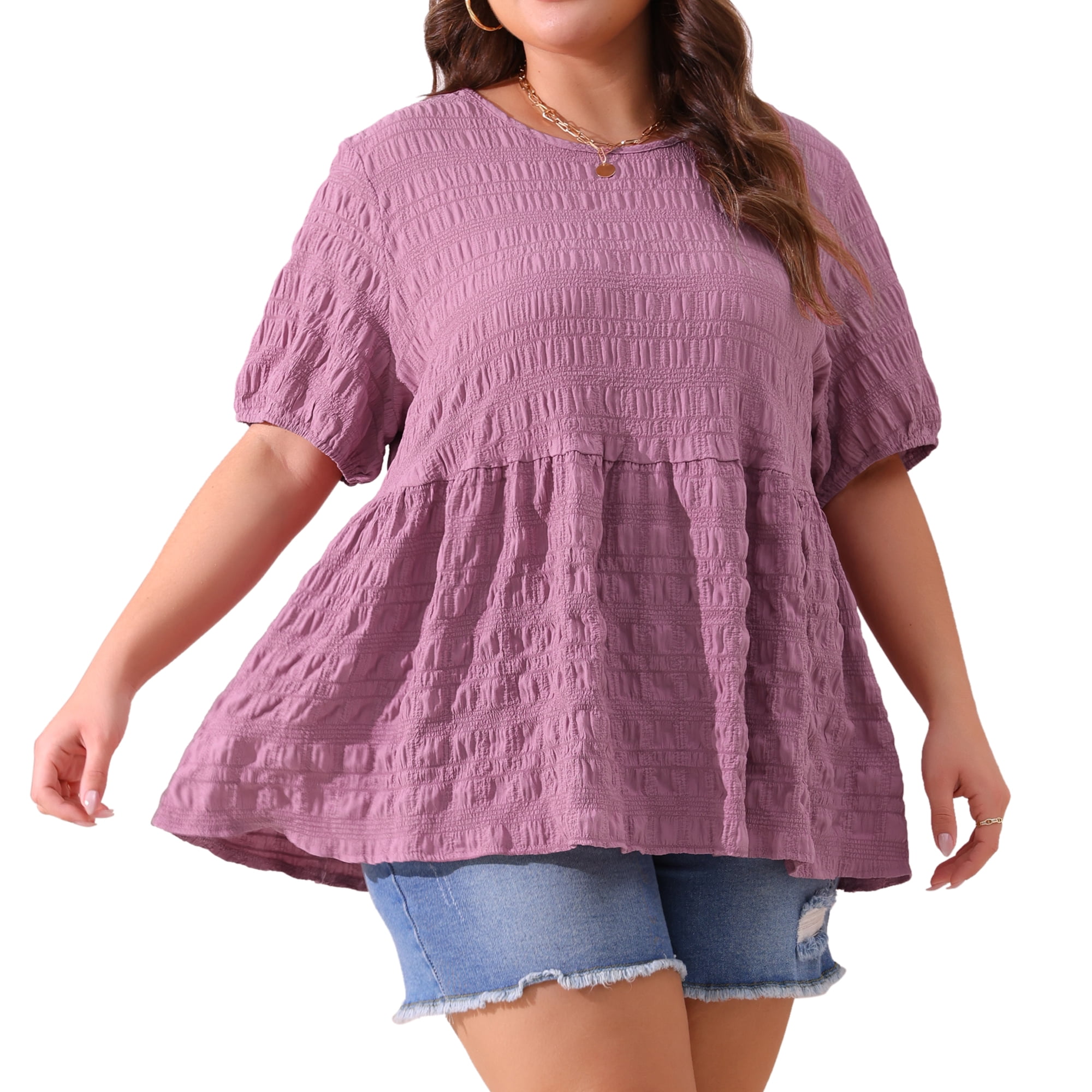 Women's Plus Babydoll Tops Crewneck Short Sleeve Loose Fit Flowy Blouse 4X Purple