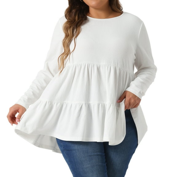 DARING DIVA Women's Plus Babydoll Long Sleeve Crew Neck Peplum Top 1X White