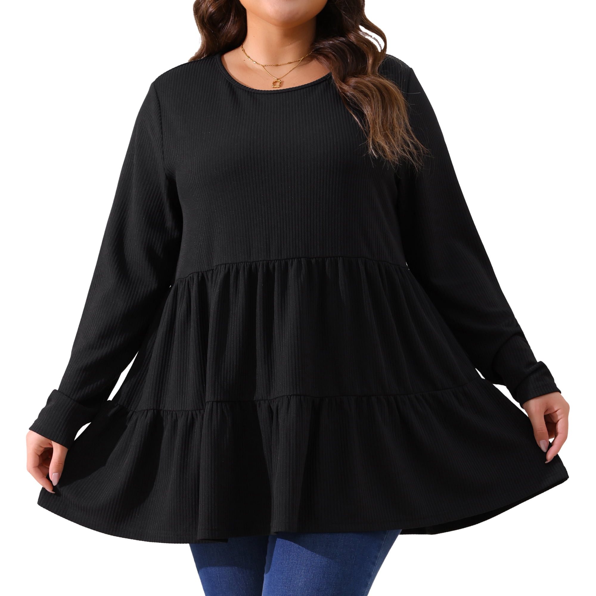 DARING DIVA Women's Plus Babydoll Crew Neck Casual Loose Peplum Tops 4X Black