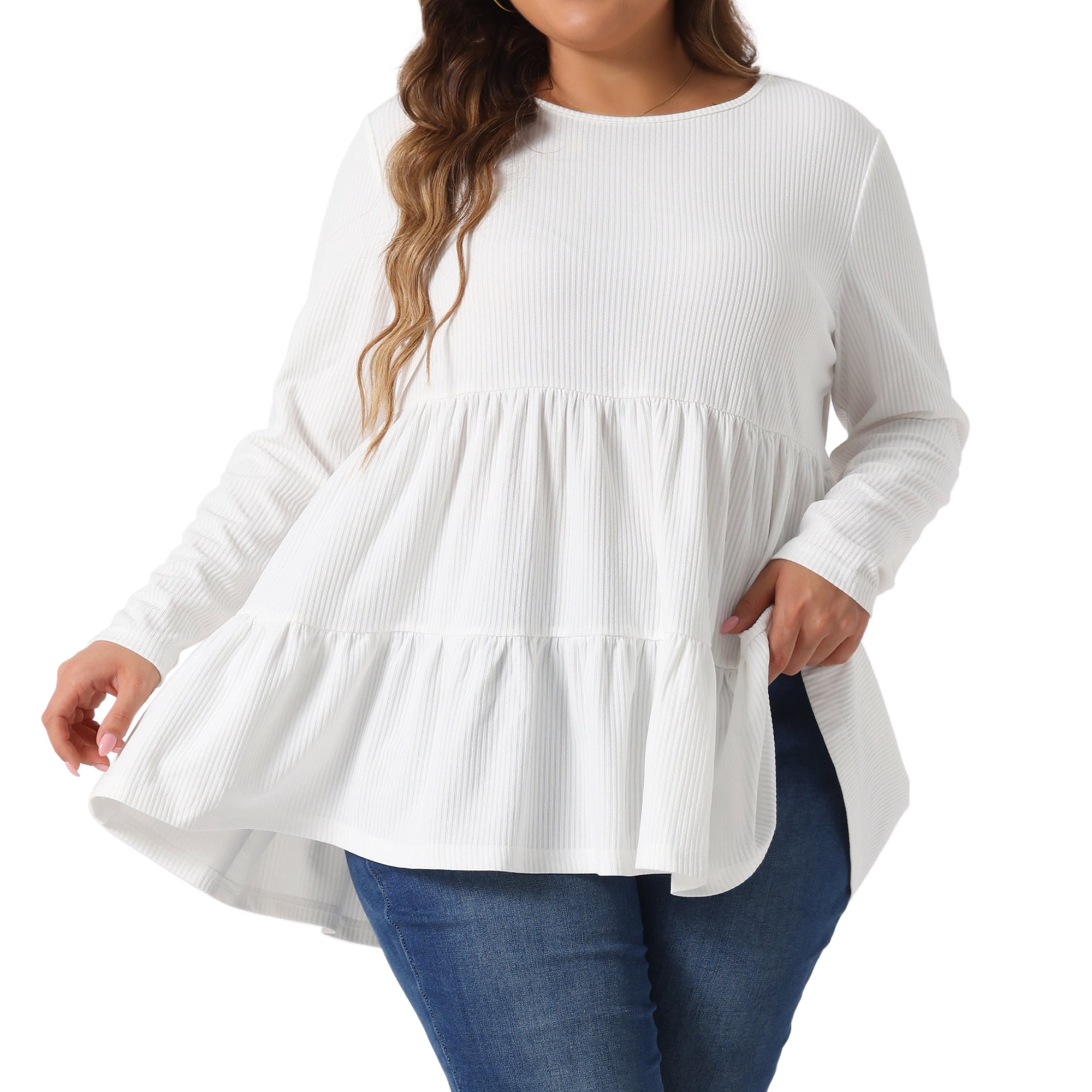 DARING DIVA Women's Plus Babydoll Crew Neck Casual Loose Peplum Tops 4X White