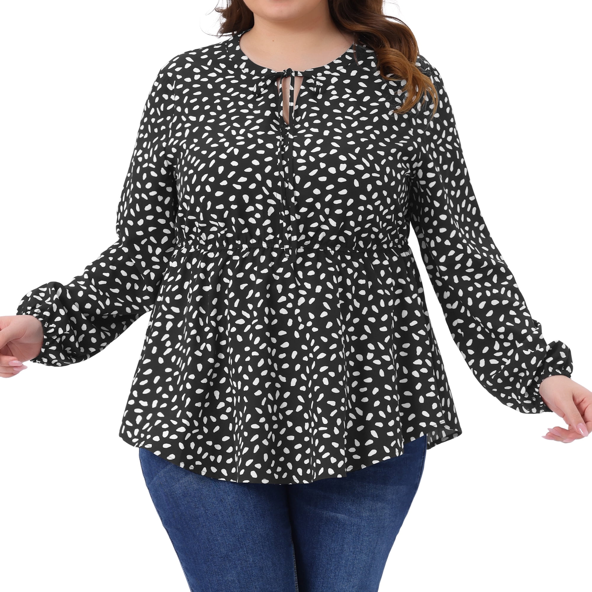 DARING DIVA Women's Plus Babydoll Polka Dots Tie Front Neck Blouse 3X Black