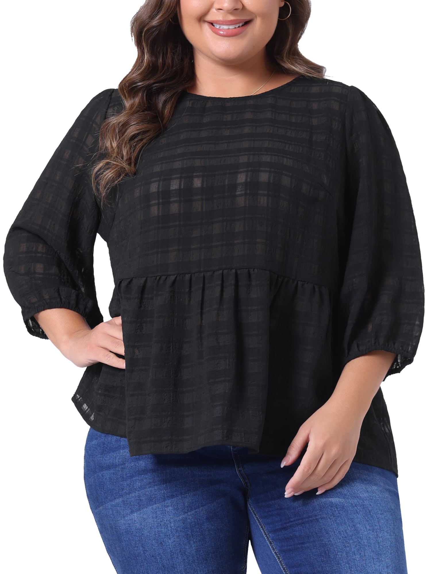DARING DIVA Women's Plus Babydoll Round Neck 3/4 Puff Sleeves Peplum Blouse 4X Black