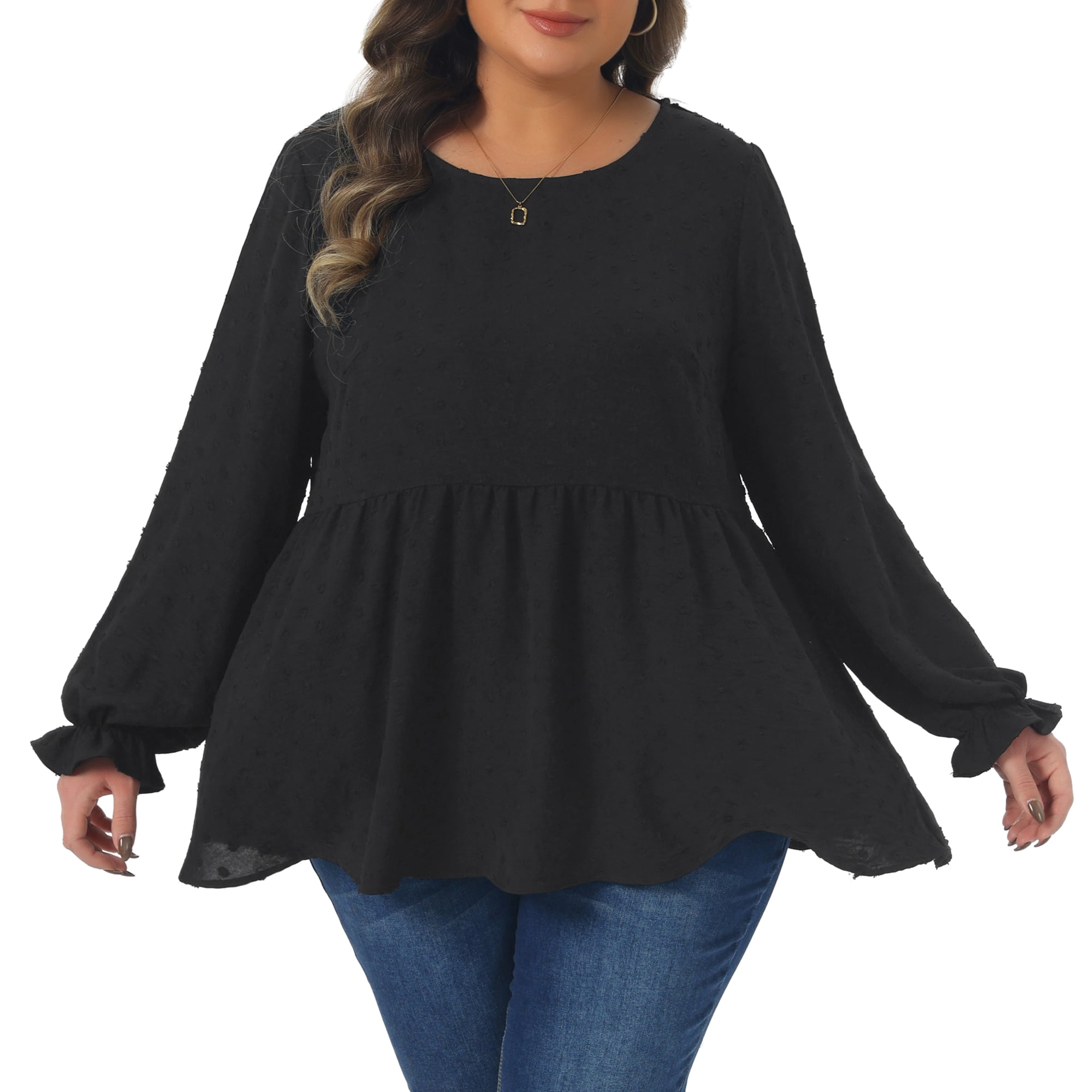 DARING DIVA Women's Plus Babydoll Round Neck Tiered Swiss Dots Blouse 1X Black