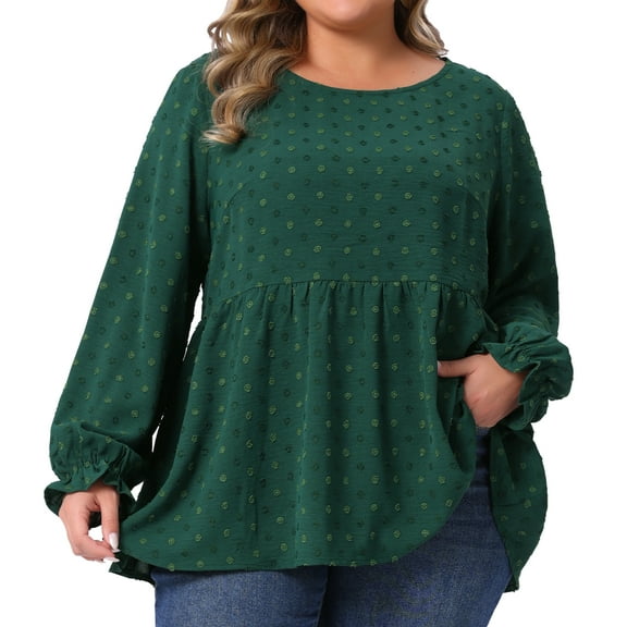 DARING DIVA Women's Plus Babydoll Round Neck Tiered Swiss Dots Blouse 1X Dark Green